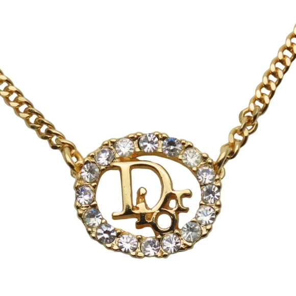 Christian Dior CD logo metal necklace with rhinestones and gold-plated GP. Wo...